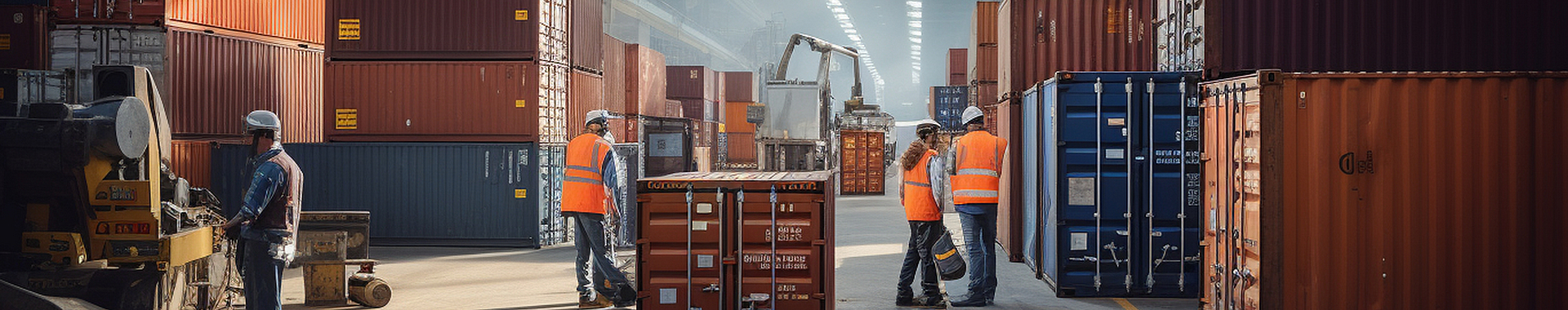 In einer Lagerhalle stehen mehrere ISO-Container. Vier Mitarbeitende verfolgen dabei den Ladevorgang der Container.