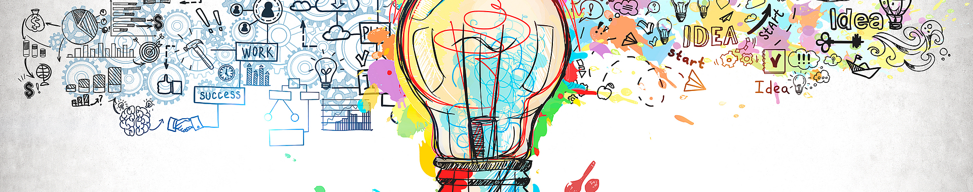 Illustrierte Glühbirne im Zentrum des Bildes als Symbol für eine Idee. Von ihr gehen viele kleinere illustrierte Ideenbilder aus.