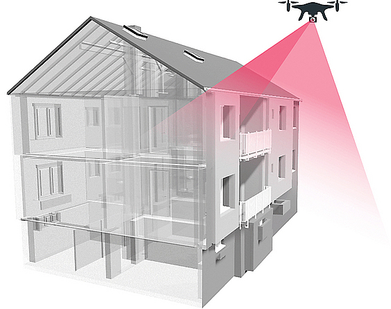 Grafik: 3D-Scan eines Hauses. Darüber fliegt eine Drohne.