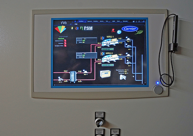Monitor, auf dem die Prozesse des Wärmepumpenbetriebs in Rot und Blau dargestellt sind.