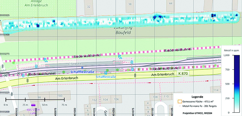 Geografische Karte und INN-Auswertung von metallischen Anomalien: Ermittelt wurden hier 201 Eisen und Buntmetall-Funde auf dem Messfeld