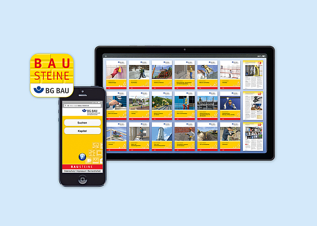 Bausteine-Logo, Handy mit Bausteine-App und Tablet mit mehreren Reihen von Baustein-Merkheften und einigen Einzelbausteinen