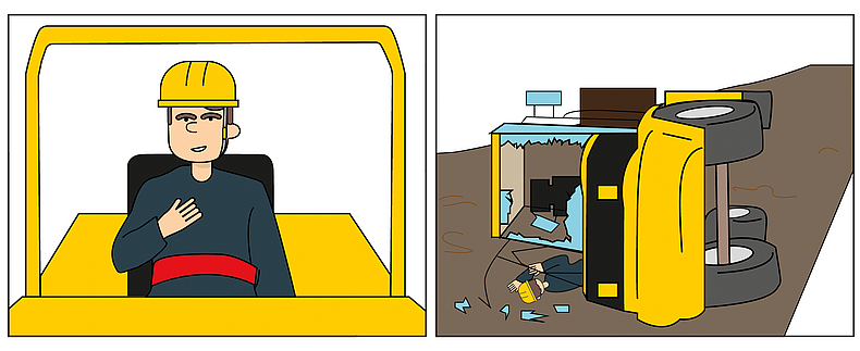 Illustration links zeigt eine gemalte Figur in einem Fahrzeug, die einen roten Gurt umhat. Die rechte Illustration zeigt einen umgekippten Radlader mit zersprungener Scheibe. Unter dem Fahrzeug liegt eine Person mit Schutzhelm auf der Erde.
