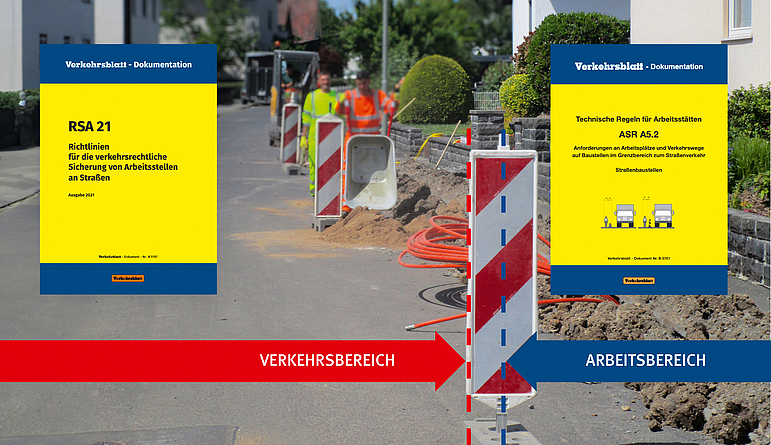 Verkehrsbereich und Arbeitsbereich werden jeweils durch ein eigenes Regelwerk abgesteckt Regeln für die Einrichtung einer Straßenbaustelle für den Glasfaserausbau.