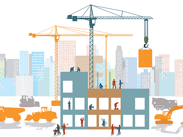 Illustration einer stilisierten Baustelle mit Baumaschinen, Bauarbeiterinnen und Bauarbeitern. Im Hintergrund ist die Skyline einer Großstadt zu sehen.