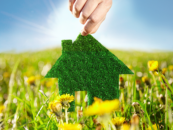 Eine Hand hält eine grün bepflanzte Hausschablone über eine Wiese bei blauem Himmel mit Sonnenschein.