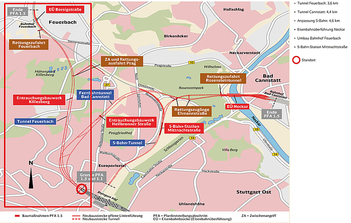 PFA 1.5, Übersicht, Los 2, Tunnel Feuerbach (rot umrandet)