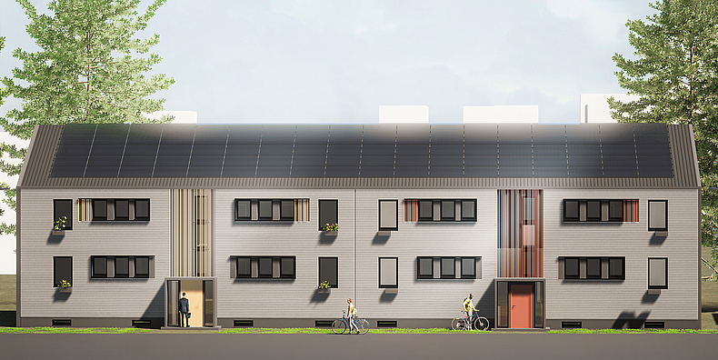 Visualisierung des LEG-Zukunftshauses nach Fertigstellung. Es verfügt über eine energieeffiziente Gebäudehülle und eine Photovoltaikanlage auf dem Dach.