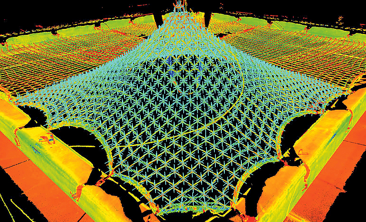 Farbscan-Darstellung des nach oben verformten Netzes. Auf den Netzmaschen befinden sich Koordinatenkreuze. 