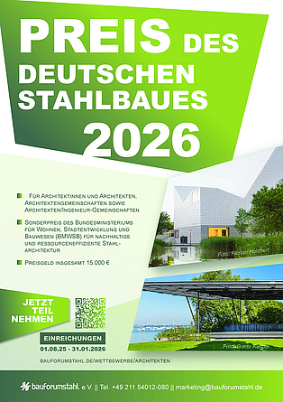 Plakat zum „Preis des Deutschen Stahlbaues 2026“ mit Informationen zur Teilnahme und Bildern moderner Gebäude aus Stahlarchitektur.