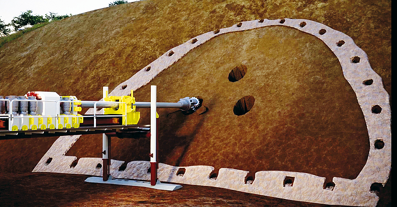 Visualisierung: Geologische Kernproben werden über drei initiale Horizontal Directional Drilling (HDD)-Bohrungen in der Tunnelmitte entnommen. Anschließend werden halbkreisförmig maximal 40 weitere kleinere HDD-Bohrungen gesetzt, die den Tunnelrand markieren.