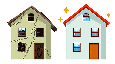Illustration zweier Häuser: Das erste ist zerstört mit Wandrissen und kaputten Fenstern. Das zweite ist neu renoviert.