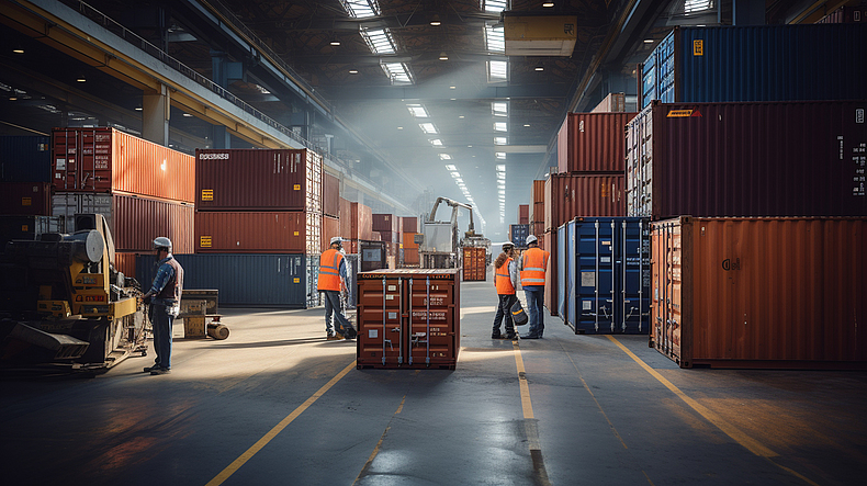 In einer Lagerhalle stehen mehrere ISO-Container. Vier Mitarbeitende verfolgen dabei den Ladevorgang der Container.