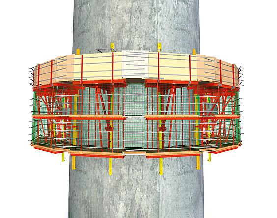 Die Grafik zeigt eine Ansicht der Bühnenniveaus Hauptarbeitsbühne, Kletterbühne und Nachlaufbühne für den geordneten Kletterbetrieb.