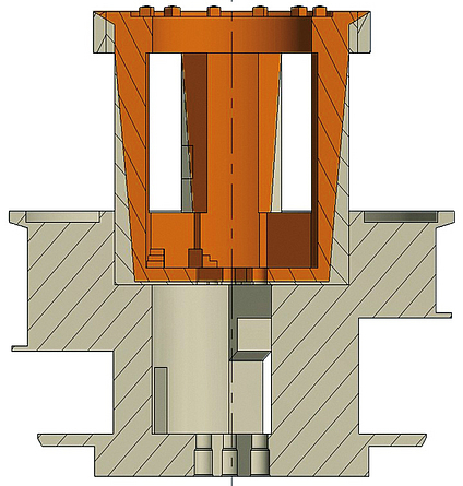 AVR-Anlage Jülich: Schnitt durch die Betonstruktur, orange dargestellt ist der aktivierte Bereich