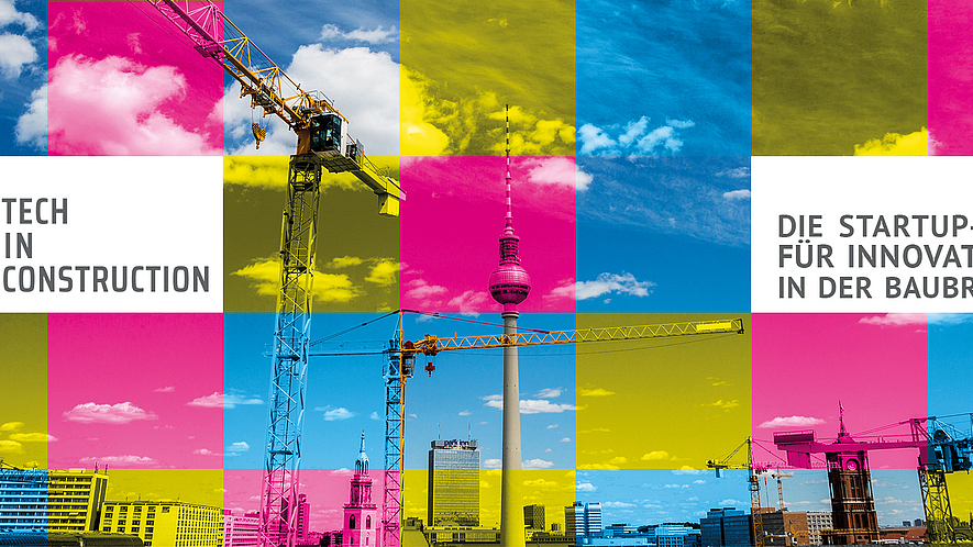 Key Visual der Messe mit quadratischen Farbblöcken, die über das Bild mit der Skyline von Berlin mit Kränen gelegt sind.