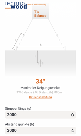 Screenshot eines Smartphones, das die App eines Balancer zeigt. Der User kann Länge und Abstandspunkte eingeben.