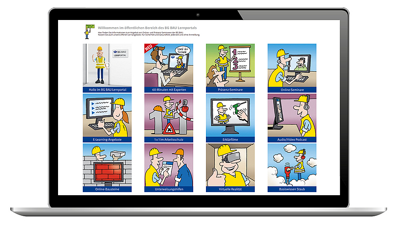 Startseite des Lernportals der BG BAU auf einem Laptop.