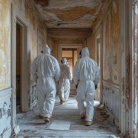Beschäftigte mit Schutzanzügen in einem alten Haus.