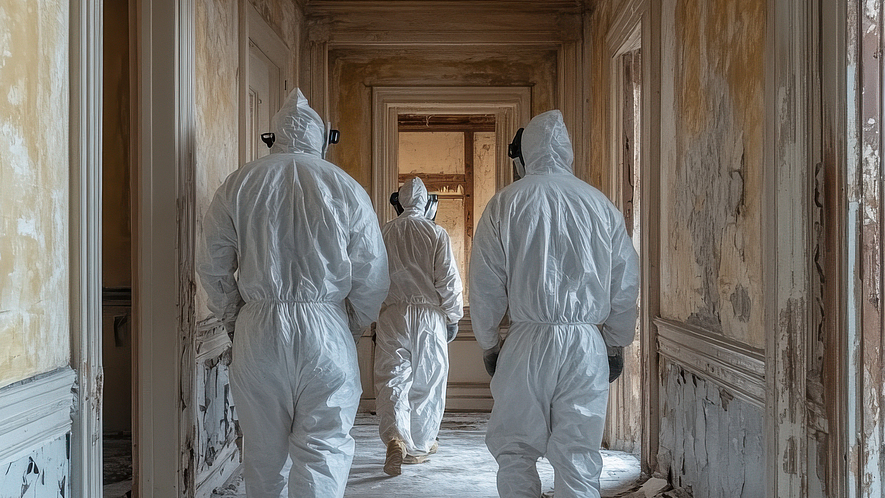 Beschäftigte mit Schutzanzügen in einem alten Haus.