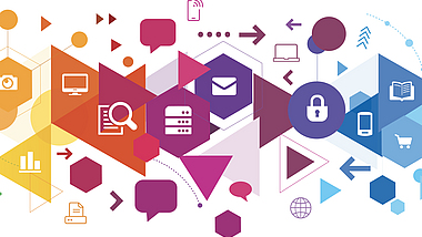 Illustration von verschiedenen Piktogrammen zum Thema digitales lernen.