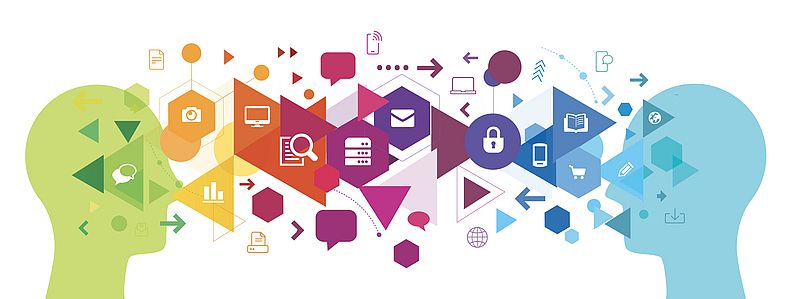 Illustration von verschiedenen Piktogrammen zum Thema digitales lernen.