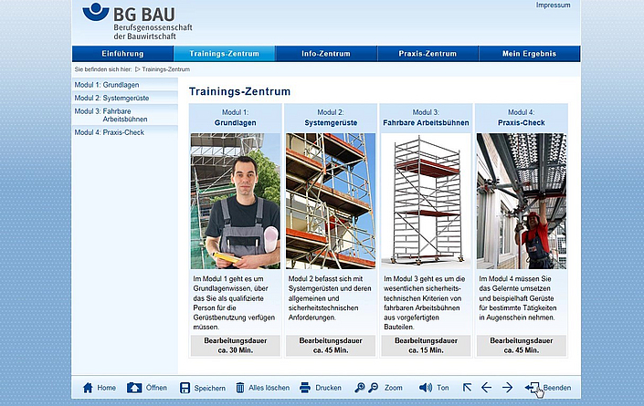 Startseite des Trainingsprogramms Gerüstprüfung