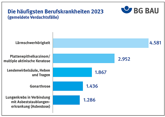 Grafik zeigt die häufigsten Berufskrankheiten von 2019 bis 2023.