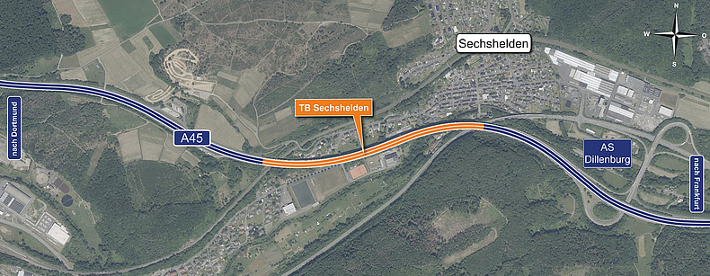 Luftbild mit Lage der Baustelle Talbrücke Sechshelden auf A 45.