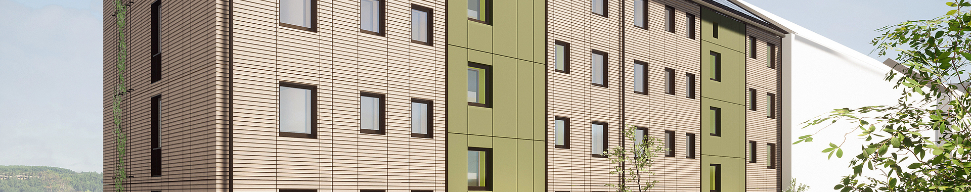 Visualisierung des sanierten Gebäudes mit braunen Fassadenelementen und Photovoltaik-Elementen auf dem Dach.