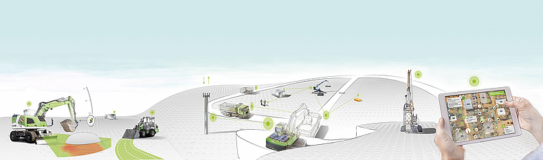 Illustration: Verschiedene Baumaschinen mit Datenpunkten und ihr digitales Abbild auf dem Screen eines Tablets.