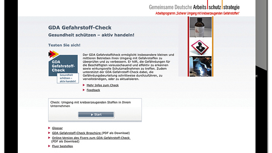 Screenshot von der Einstiegsseite des Gefahrstoff-Check-Online-Tools