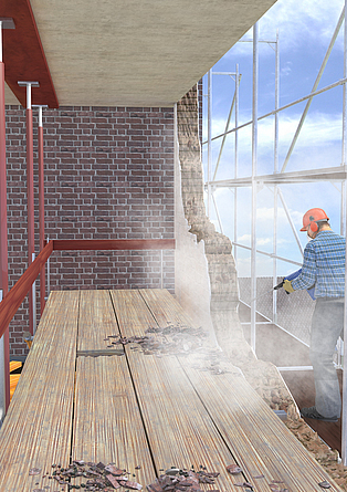 Modellbild mit einer Person, die mit Sicherung und Absaugung auf einem Gerüst an einem teils abgerissenen Gebäude arbeitet.
