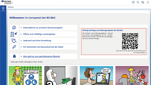 Screenshot der Startseite von lernportal.bgbau.de