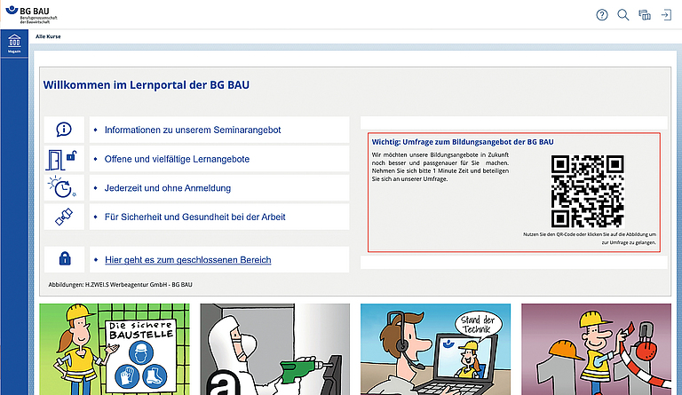 Screenshot der Startseite von lernportal.bgbau.de