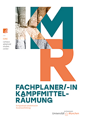 Titelseite der Broschüre „Fachplaner/-in Kampfmittelräumung“ mit großformatigen Buchstaben und einer Collage aus Baumaterialien.