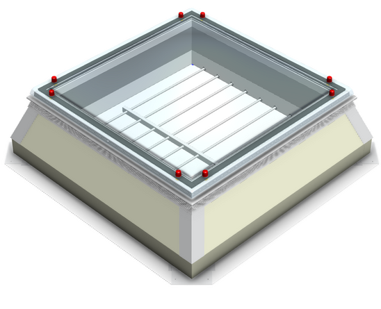 Illustration einer VELUX Lichtkuppel AS_LK mit Stahl-Einbaustäben für Pipe- und Roll-Systeme.