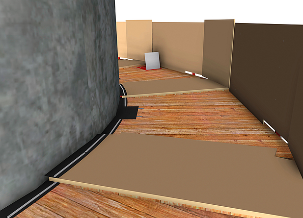 Die schematische Darstellung zeig, wie Bühnen und Teleskopbühnen mit Überwurf und überlappendem Geländer angeordnet sind.