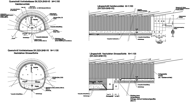 Quer- und Längsschnitt beim Vortrieb Kalotte (oben) und Strosse/Sohl (unten)(Projekt "Unterfahrung der A8 mittels Lockergesteinsvortrieb") Bilder und Grafiken zum Projekt "Unterfahrung der A8 mittels Lockergesteinsvortrieb"