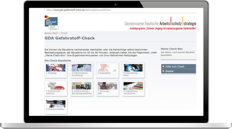 Geöffneter Laptop mit Startbild des GDA Gefahrstoff-Check