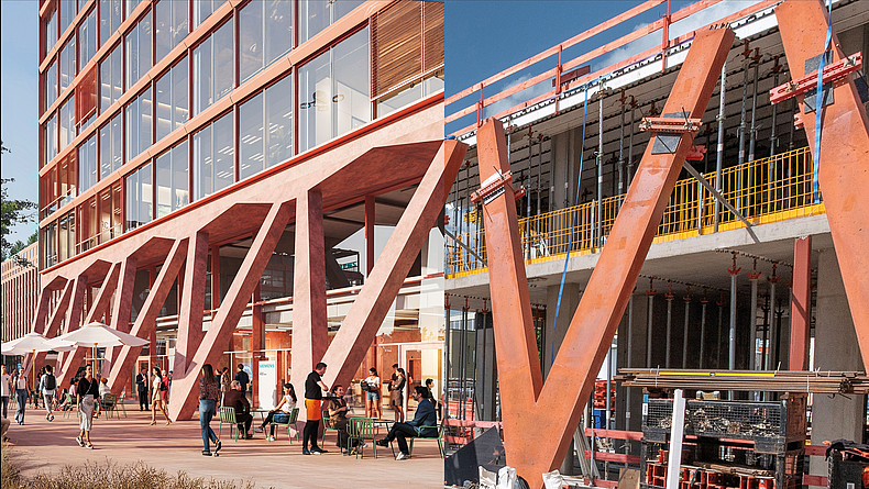 Vergleichsaufnahme eines Gebäudes im Bau und im fertigen Zustand mit auffälligen V-förmigen Stützen.