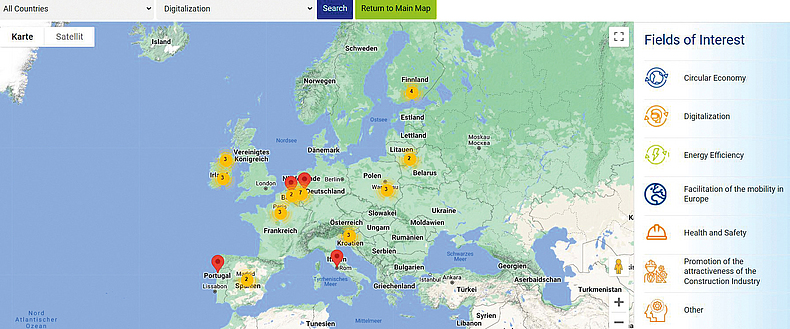 Interaktive Karte mit Best-Practice-Beispielen. Screenshot der interaktiven Karte des EU-Projekts "Construction Blueprint" zeigt einen Ausschnitt von Europa und einen Teil von Asien.