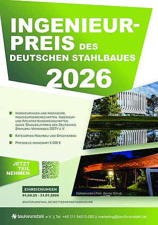 Plakat zum „Ingenieur-Preis des Deutschen Stahlbaues 2026“ mit Informationen zur Teilnahme und Bildern moderner Gebäude aus Stahlarchitektur.