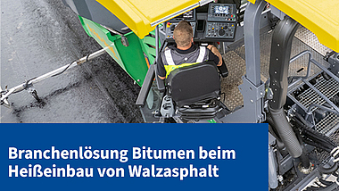 Titelbild Branchenlösung Walzasphalteinbau mit einem Foto eines Straßenfertigers im Einsatz von oben.