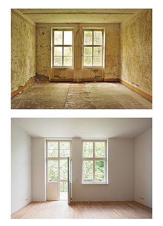 Zimmer vor und nach der Sanierung Leeres Zimmer mit zwei alten Fenstern ohne Wandputz und Fußbodenbelag und Zimmer mit weißer Wand und neuem Parkettboden. Das linke Fenster wurde zur Balkontür gemacht, im Hintergrund ist ein Balkon zu sehen.