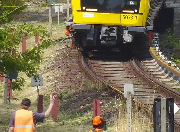 Heranfahrender Zug mit Stromabnehmer auf der anderen Seite.