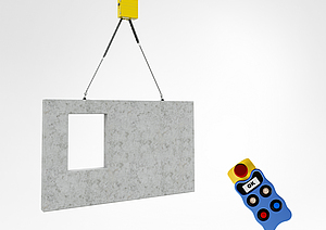 Ein Balancer hebt eine große vorgefertigte Betonwand mit rechteckiger Öffnung an zwei Ketten an. Rechts im Bild schwebt eine kabellose Steuerung mit Drucktasten und Display.