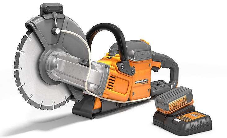 Der akkubetriebene Trennschleifer wird verwendet um Materialien wie Beton, Metall oder Asphalt zu durchtrennen.