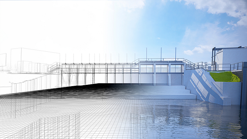 3D-Planung einer Brücke, die über einen Fluss geht.
