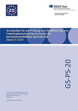 Titelseite der Broschüre „Grundsätze für die Prüfung und Zertifizierung von Chemikalienschutzhandschuhen für benzylalkoholhaltige Epoxidharze (Stand 01.2026)“.